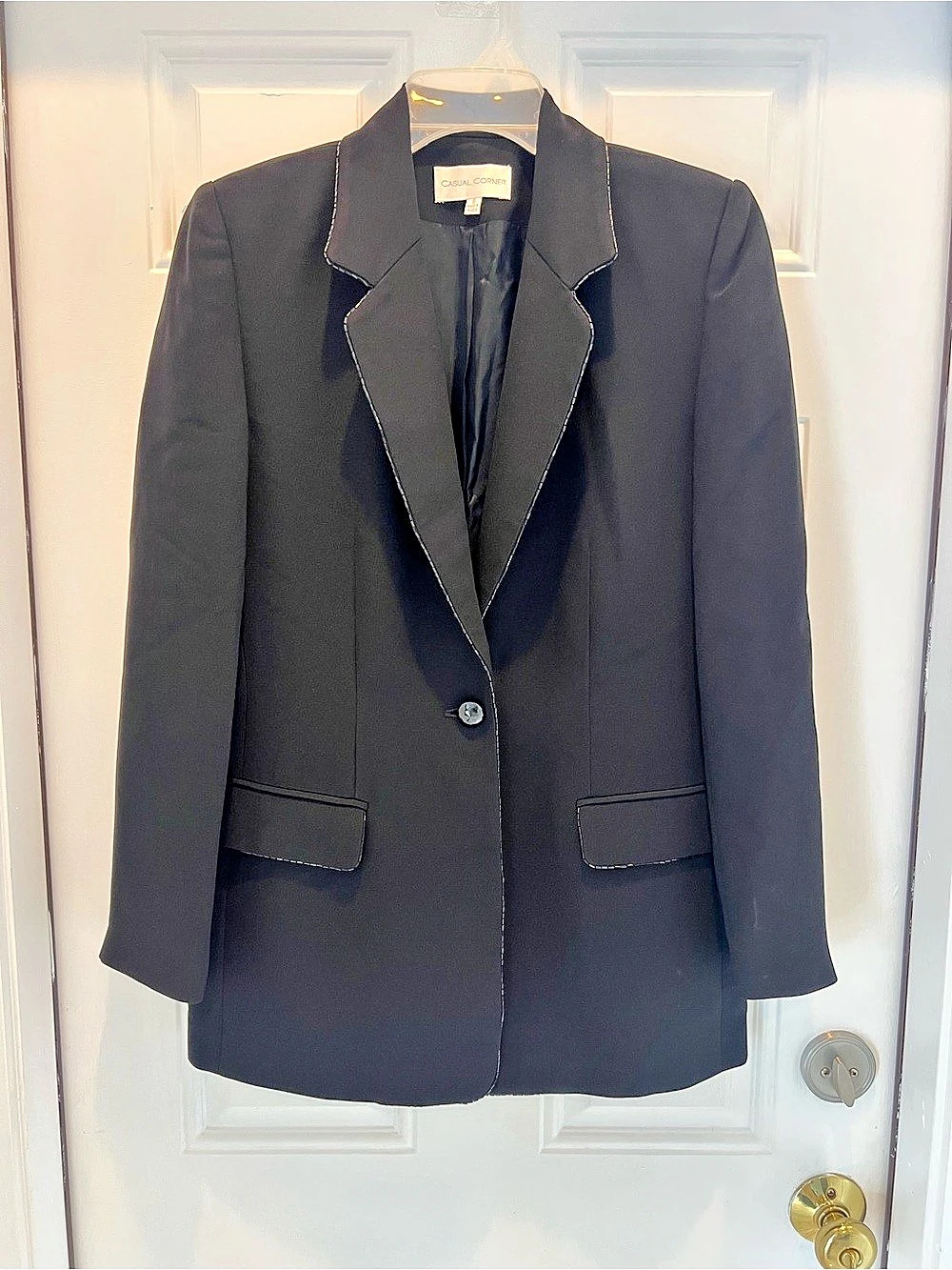 Casual Corner Black Long Jacket Blazer Size 8 One Bottom Lined #1009